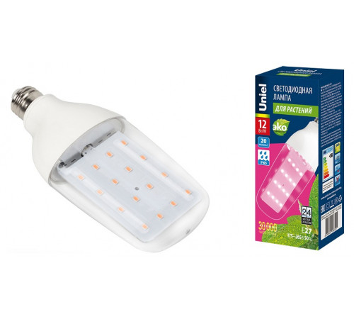 Лампа светодиодная для растений (UL-00007647) Uniel E27 12W груша прозрачная LED-B82-12W/SPBR/E27/CL PLP33WH