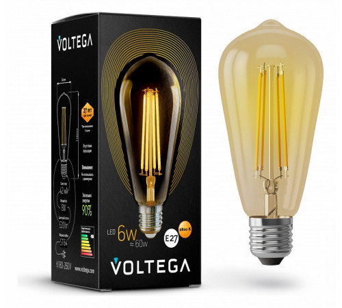 Лампа светодиодная филаментная Voltega E27 6W 2800К золотая VG10-ST64Gwarm6W 5526 Лампа светодиодная филаментная Voltega E27 6W 2800К золотая VG10-ST64Gwarm6W 5526