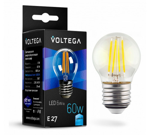 Лампа светодиодная Voltega E27 6W 4000К прозрачная VG10-G1E27cold6W-F 7024 Лампа светодиодная Voltega E27 6W 4000К прозрачная VG10-G1E27cold6W-F 7024