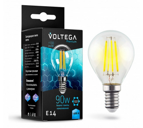 Лампа светодиодная филаментная Voltega E14 9W 4000K шар прозрачный VG10-G45E14cold9W-F 7137