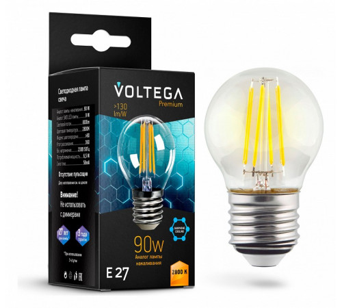 Лампа светодиодная филаментная Voltega E27 7W 2800K шар прозрачный VG10-G45E27warm9W-F 7138 Лампа светодиодная филаментная Voltega E27 7W 2800K шар прозрачный VG10-G45E27warm9W-F 7138