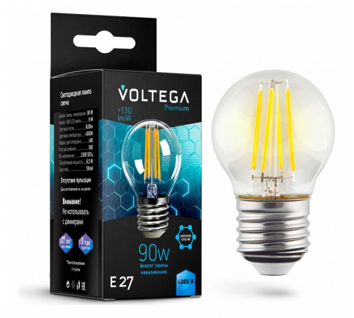 Лампа светодиодная филаментная Voltega E27 7W 4000K шар прозрачный VG10-G45E27cold9W-F 7139