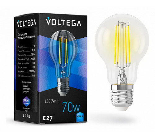 Лампа светодиодная Voltega E27 7W 4000K груша прозрачная VG10-A60E27cold7W-F 7141 Лампа светодиодная Voltega E27 7W 4000K груша прозрачная VG10-A60E27cold7W-F 7141