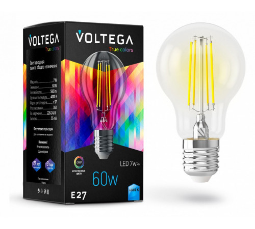 Лампа светодиодная филаментная Voltega E27 7W 4000K груша прозрачная VG10-A60E27cold7W-FHR 7155 Лампа светодиодная филаментная Voltega E27 7W 4000K груша прозрачная VG10-A60E27cold7W-FHR 7155