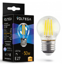 Лампа светодиодная филаментная Voltega E27 5W 2700K шар прозрачный 7201