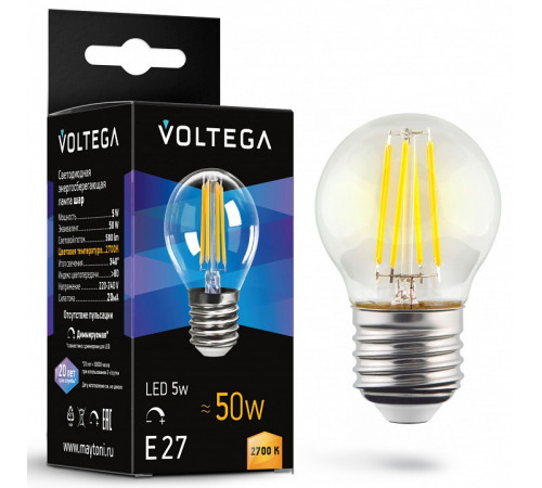 Лампа светодиодная филаментная Voltega E27 5W 2700K шар прозрачный 7201 Лампа светодиодная филаментная Voltega E27 5W 2700K шар прозрачный 7201
