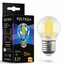 Лампа светодиодная филаментная Voltega E27 5W 3000K шар прозрачный 7202