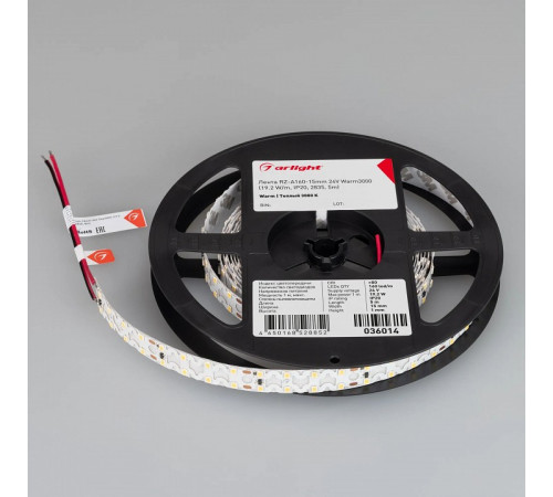 Светодиодная лента Arlight RZ-A160-15mm 24V Warm2700 (19.2 W/m, IP20, 2835, 5m) 048010