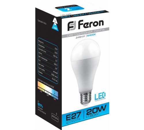 Лампа светодиодная Feron E27 20W 6400K Шар Матовая LB-98 25789