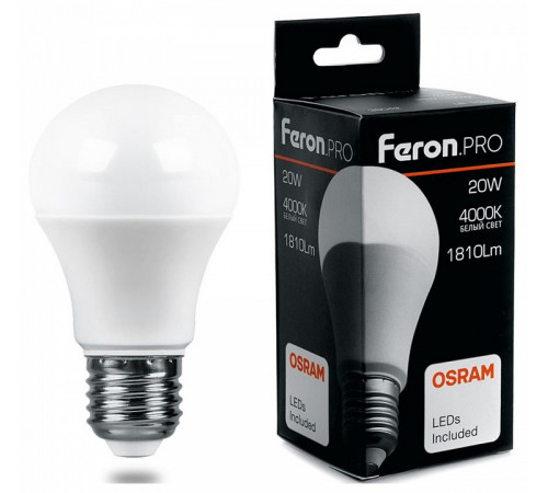 Лампа светодиодная Feron E27 20W 4000K груша матовая LB-1020 38042
