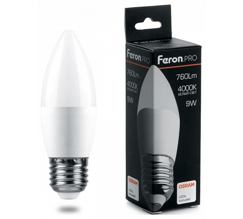 Лампа светодиодная Feron E27 9W 4000K свеча матовая LB-1309 38063