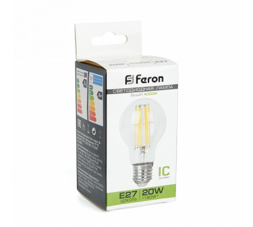 Лампа светодиодная филаментная Feron E27 20W 4000K прозрачная LB-620 38246