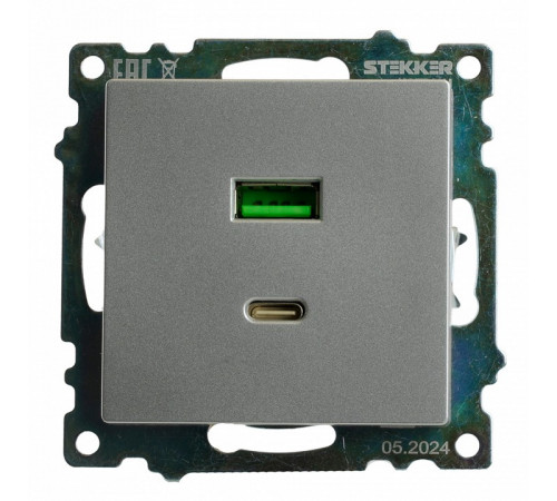 Розетка 2-местная USB + type C Stekker Катрин GLS10-7116-03 50054