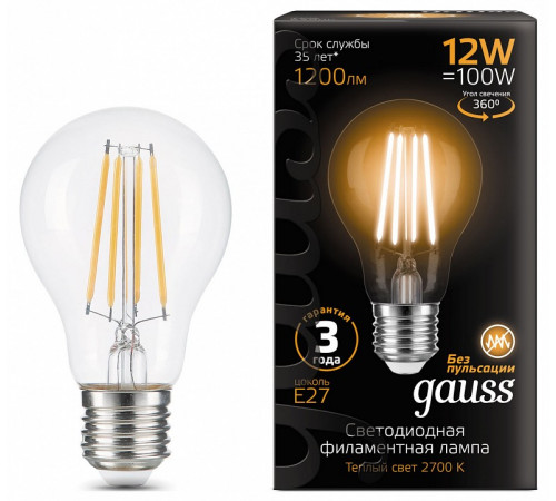 Лампа светодиодная филаментная Gauss E27 12W 2700K груша прозрачная 102902112 Лампа светодиодная филаментная Gauss E27 12W 2700K груша прозрачная 102902112