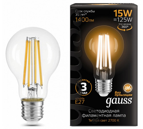 Лампа светодиодная филаментная Gauss E27 15W 2700K груша прозрачная 102902115 Лампа светодиодная филаментная Gauss E27 15W 2700K груша прозрачная 102902115