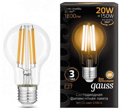 Лампа светодиодная филаментная Gauss E27 20W 2700K груша прозрачная 102902120 Лампа светодиодная филаментная Gauss E27 20W 2700K груша прозрачная 102902120