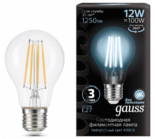 Лампа светодиодная филаментная Gauss E27 12W 4100K груша прозрачная 102902212