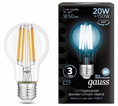 Лампа светодиодная филаментная Gauss E27 20W 4100K груша прозрачная 102902220 Лампа светодиодная филаментная Gauss E27 20W 4100K груша прозрачная 102902220