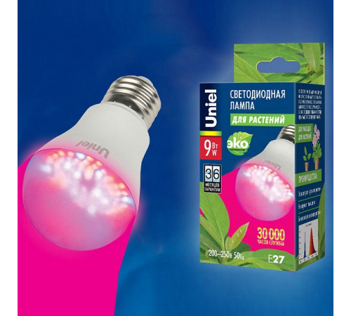 Лампа светодиодная для растений (09645) Uniel E27 9W прозрачная LED-A60-9W/SP/E27/CL ALM01WH