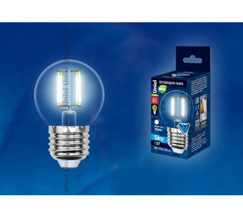 Лампа светодиодная филаментная (UL-00001370) Uniel E27 6W 4000K прозрачная LED-G45-6W/NW/E27/CL PLS02WH