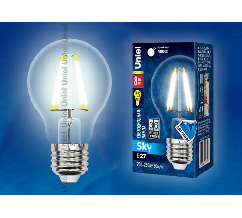 Лампа светодиодная филаментная (UL-00001372) Uniel E27 8W 4000K прозрачная LED-A60-8W/NW/E27/CL PLS02WH Лампа светодиодная филаментная (UL-00001372) Uniel E27 8W 4000K прозрачная LED-A60-8W/NW/E27/CL PLS02WH
