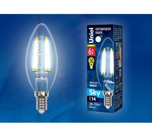 Лампа светодиодная филаментная (UL-00001373) Uniel E14 6W 4000K прозрачная LED-C35-6W/NW/E14/CL PLS02WH Лампа светодиодная филаментная (UL-00001373) Uniel E14 6W 4000K прозрачная LED-C35-6W/NW/E14/CL PLS02WH