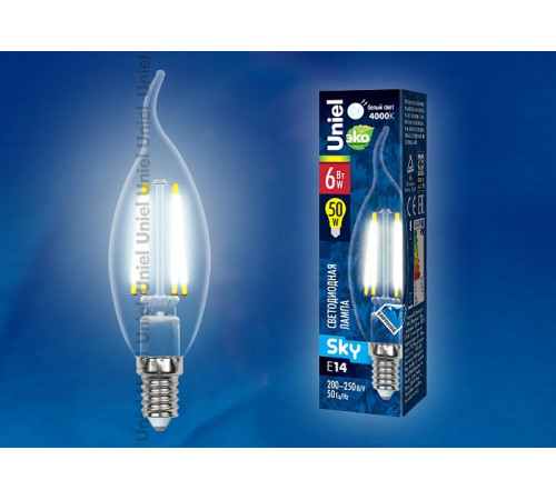 Лампа светодиодная филаментная (UL-00001374) Uniel E14 6W 4000K прозрачная LED-CW35-6W/NW/E14/CL PLS02WH Лампа светодиодная филаментная (UL-00001374) Uniel E14 6W 4000K прозрачная LED-CW35-6W/NW/E14/CL PLS02WH