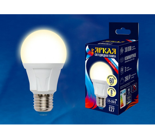 Лампа светодиодная (UL-00001522) Uniel E27 8W 3000K матовая LED-A60 8W/WW/E27/FR PLP01WH Лампа светодиодная (UL-00001522) Uniel E27 8W 3000K матовая LED-A60 8W/WW/E27/FR PLP01WH