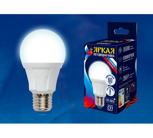 Лампа светодиодная (UL-00001523) Uniel E27 8W 4000K матовая LED-A60 8W/NW/E27/FR PLP01WH