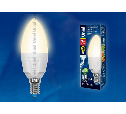 Лампа светодиодная (UL-00002413) Uniel E14 7W 3000K матовая LED-C37 7W/WW/E14/FR PLP01WH Лампа светодиодная (UL-00002413) Uniel E14 7W 3000K матовая LED-C37 7W/WW/E14/FR PLP01WH