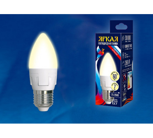 Лампа светодиодная (UL-00002414) Uniel E27 7W 3000K матовая LED-C37 7W/WW/E27/FR PLP01WH Лампа светодиодная (UL-00002414) Uniel E27 7W 3000K матовая LED-C37 7W/WW/E27/FR PLP01WH