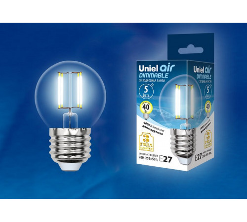 Лампа светодиодная филаментная (UL-00002871) Uniel E27 5W 4000K LED-G45-5W/NW/E27/CL/DIM GLA01TR