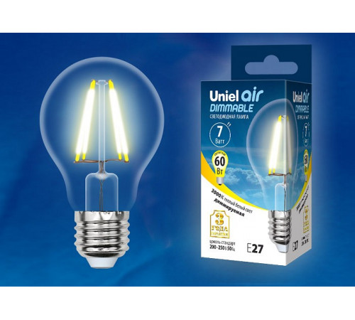 Лампа светодиодная филаментная (UL-00002872) Uniel E27 7W 3000K LED-A60-7W/WW/E27/CL/DIM GLA01TR Лампа светодиодная филаментная (UL-00002872) Uniel E27 7W 3000K LED-A60-7W/WW/E27/CL/DIM GLA01TR