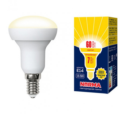 Лампа светодиодная (UL-00003845) Volpe E14 7W 3000K матовая LED-R50-7W/WW/E14/FR/NR Лампа светодиодная (UL-00003845) Volpe E14 7W 3000K матовая LED-R50-7W/WW/E14/FR/NR