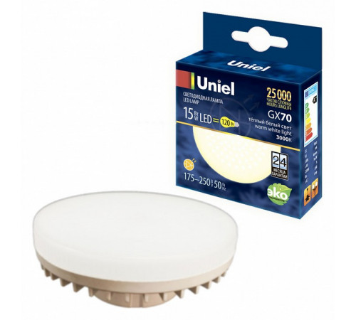 Лампа светодиодная Uniel (UL-00006782) GX70 15W 3000K таблетка матовая LED-GX70-15W/3000K/GX70/FR PLZ01WH Лампа светодиодная Uniel (UL-00006782) GX70 15W 3000K таблетка матовая LED-GX70-15W/3000K/GX70/FR PLZ01WH