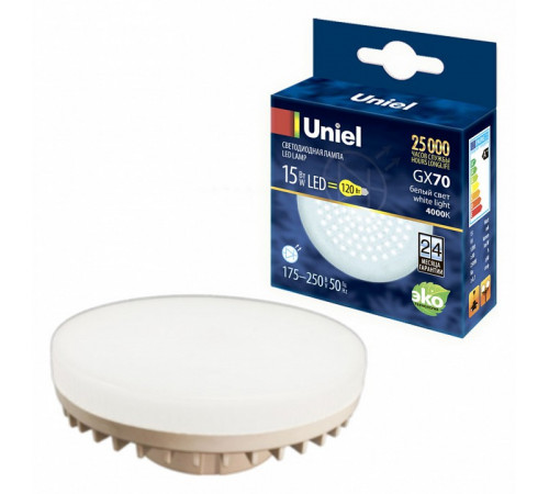 Лампа светодиодная Uniel (UL-00006783) GX70 15W 4000K таблетка матовая LED-GX70-15W/4000K/GX70/FR PLZ01WH Лампа светодиодная Uniel (UL-00006783) GX70 15W 4000K таблетка матовая LED-GX70-15W/4000K/GX70/FR PLZ01WH