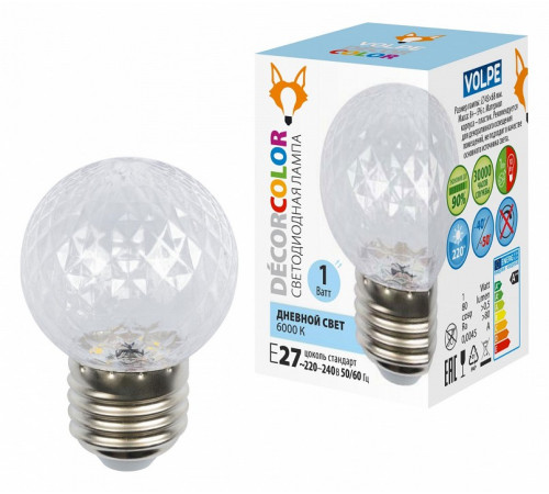Лампа светодиодная Volpe Decor color LED-D45-1W/6000K/E27/CL/С PINEAPPLE UL-00010065 Лампа светодиодная Volpe Decor color LED-D45-1W/6000K/E27/CL/С PINEAPPLE UL-00010065