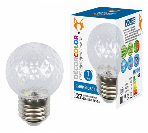 Лампа светодиодная Volpe Decor color LED-D45-1W/BLUE/E27/CL/С PINEAPPLE UL-00010066 Лампа светодиодная Volpe Decor color LED-D45-1W/BLUE/E27/CL/С PINEAPPLE UL-00010066