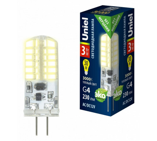 Лампа светодиодная Uniel G4 3W 3000K прозрачная LED-JC-12/3W/3000K/G4/CL SIZ05TR UL-00010366 Лампа светодиодная Uniel G4 3W 3000K прозрачная LED-JC-12/3W/3000K/G4/CL SIZ05TR UL-00010366