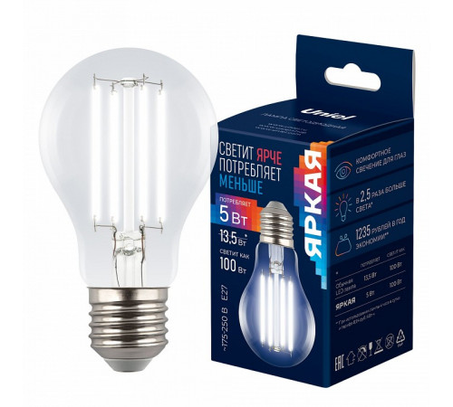 Лампа светодиодная филаментная Uniel LED-A60-5W/4000K/E27/CL GLY01TR UL-00011933 Лампа светодиодная филаментная Uniel LED-A60-5W/4000K/E27/CL GLY01TR UL-00011933