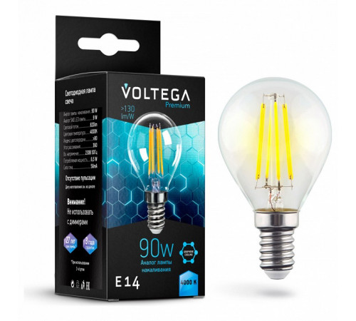 Лампа светодиодная филаментная Voltega E14 9W 4000K шар прозрачный VG10-G45E14cold9W-F 7137