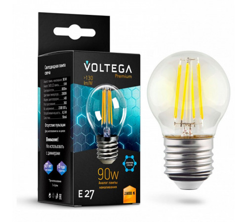 Лампа светодиодная филаментная Voltega E27 7W 2800K шар прозрачный VG10-G45E27warm9W-F 7138 Лампа светодиодная филаментная Voltega E27 7W 2800K шар прозрачный VG10-G45E27warm9W-F 7138