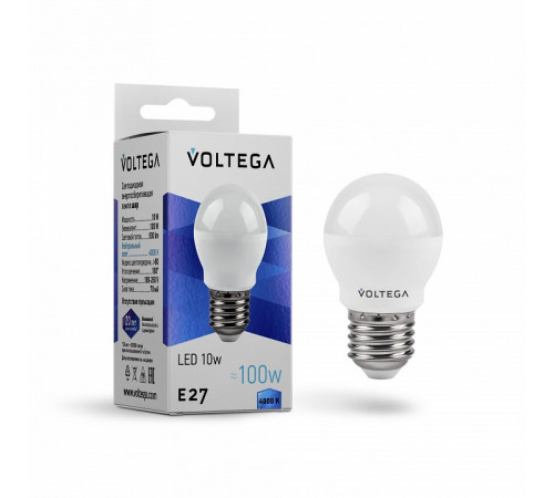Лампа светодиодная Voltega E27 10W 4000K шар матовый VG2-G45E27cold10W 8456 Лампа светодиодная Voltega E27 10W 4000K шар матовый VG2-G45E27cold10W 8456
