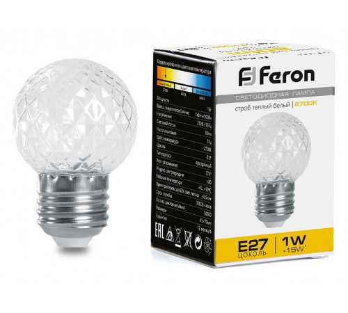 Лампа-строб Feron LB-377 шар прозрачный E27 1W 2700K 38208 Лампа-строб Feron LB-377 шар прозрачный E27 1W 2700K 38208