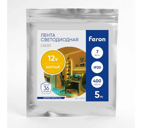 Светодиодная лента Feron LS630 12В 7Вт/м Желтый 5м IP20 48950