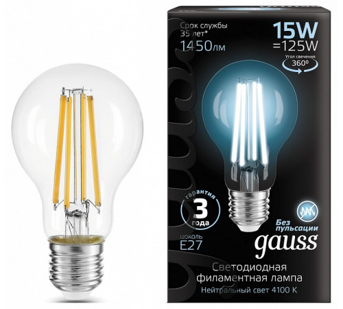 Лампа светодиодная филаментная Gauss E27 15W 4100K груша прозрачная 102902215 Лампа светодиодная филаментная Gauss E27 15W 4100K груша прозрачная 102902215