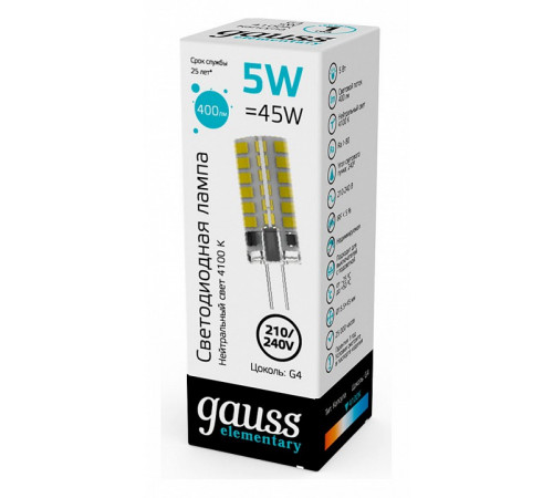 Светодиодная лампа Gauss Elementary G4 5W 4100K 18025 Светодиодная лампа Gauss Elementary G4 5W 4100K 18025