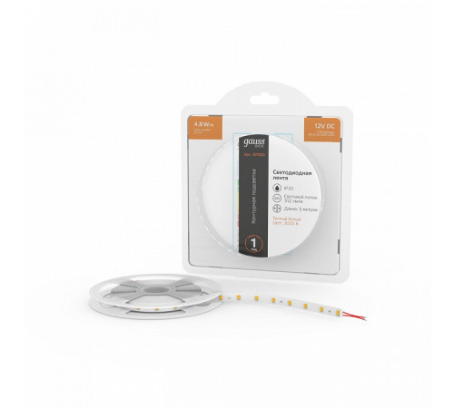 Светодиодная лента Gauss 12В 2835 4,8Вт/м 3000K 5м IP20 BT005