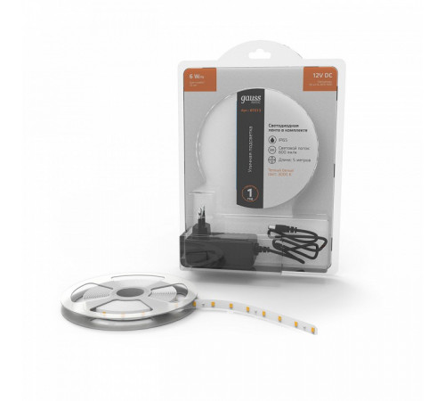 Светодиодная лента Gauss 12В 2835 6Вт/м 3000K 5м IP65 BT013