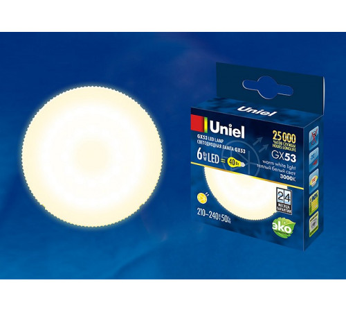 Лампа светодиодная (UL-00001670) Uniel GX53 6W 3000K матовая LED-GX53-6W/WW/GX53/FR PLZ01WH